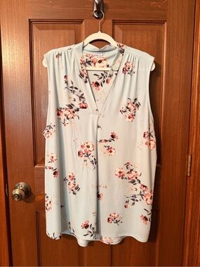 Ophelia Roe Light Blue Floral V-Neck Sleeveless Blouse